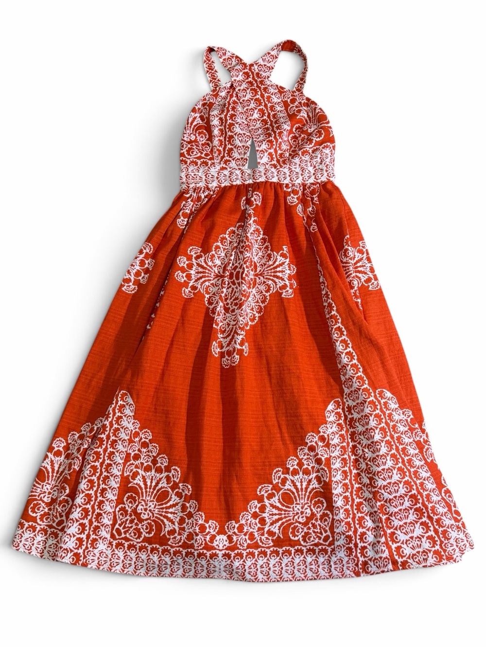 Plenty by Tracy Reese Crisscross Halter Dress Orange/White Batik Cutout Sz 0